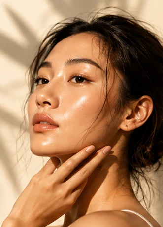 Woman with radiant, glowing skin touching her jawline in warm sunlight