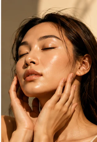 Woman with dewy, glowing skin holding her face with her eyes closed