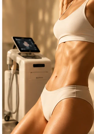 Toned midsection beside a body contouring device