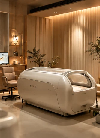 Longevity suite with a hyperbaric chamber in a calm, warm-toned room