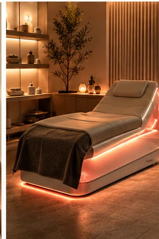 Infrared recovery bed glowing in a softly lit treatment room