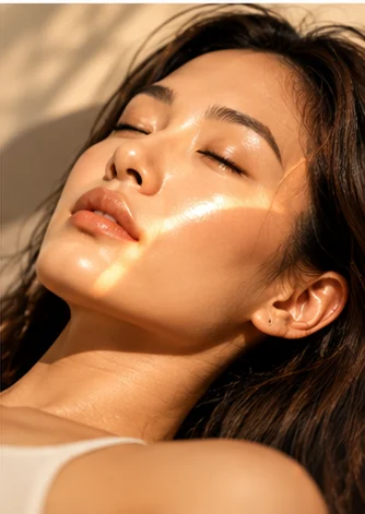 Close-up of glowing, hydrated skin with eyes closed in sunlight