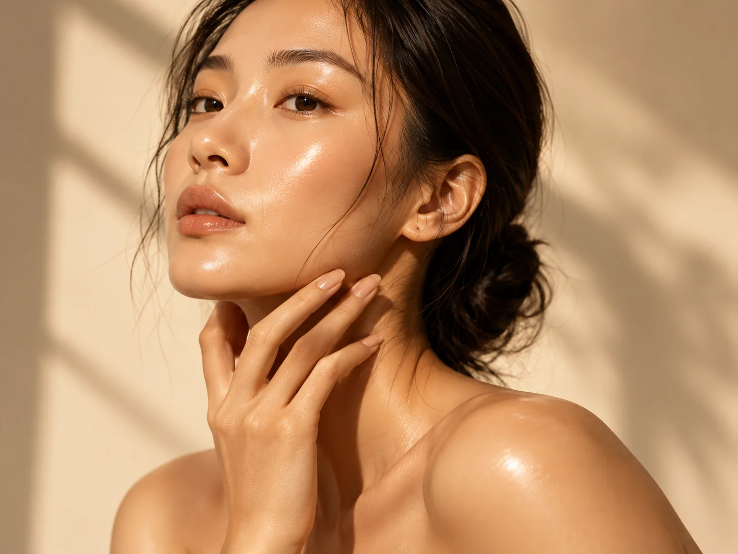 Woman with luminous skin resting her hand on her jaw