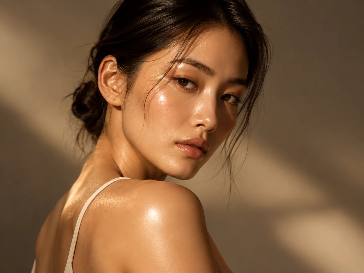 Woman with glowing skin glancing over her shoulder