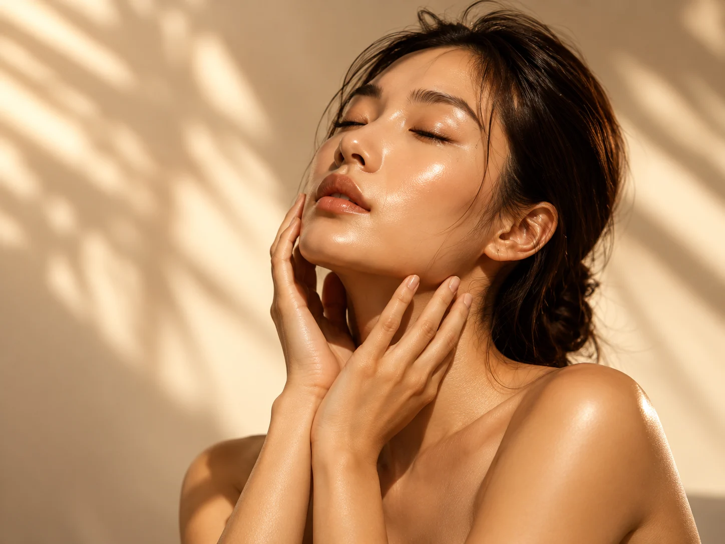 Woman with eyes closed and hands framing her face in soft sunlight